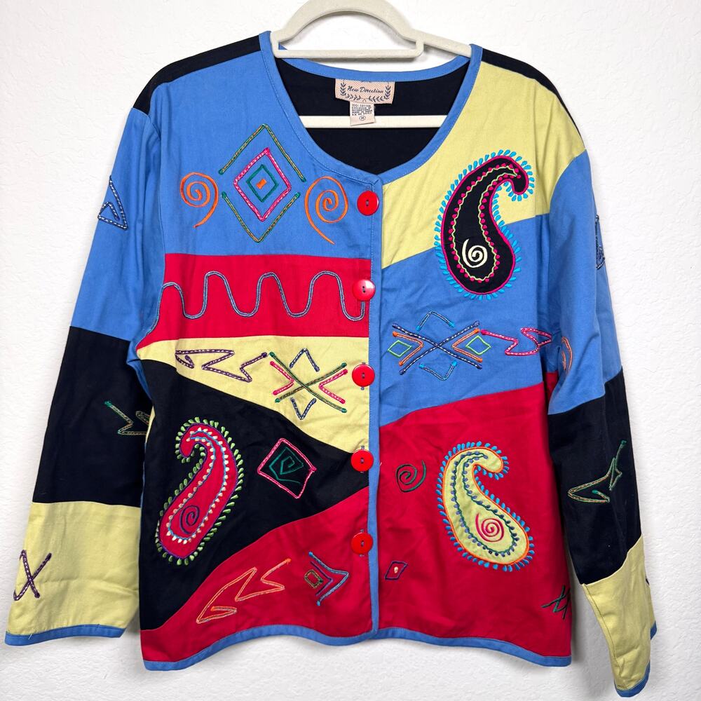 New Directions Women Embroidered Cotton Jacket Shirt Size M Artsy Teacher Black